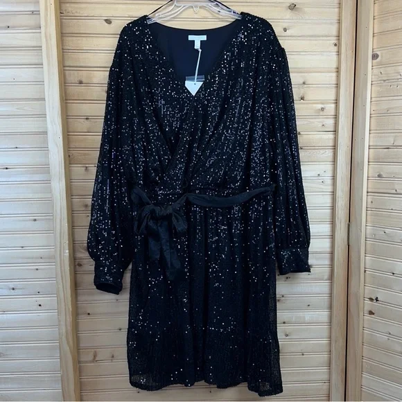 LC Lauren Conrad NWT Black Sequin Wrap Mini Cocktail Dress Size 4X - Picture 5 of 6